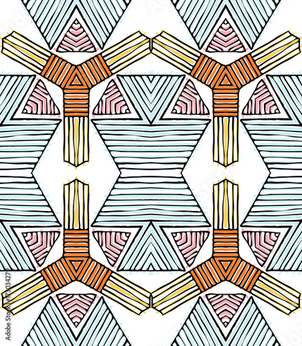 Seamless striped vector pattern. Vintage colored decorative repainting background with tribal and ethnic motifs. Abstract geometric roughly hatched shapes colored with hand drawn brush stokes.