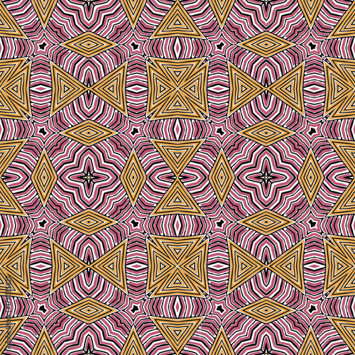 Seamless striped vector pattern. Vintage colored decorative repainting background with tribal and ethnic motifs. Abstract geometric roughly hatched shapes colored with hand drawn brush stokes.