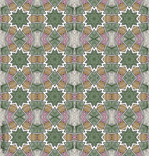 Seamless striped vector pattern. Vintage colored decorative repainting background with tribal and ethnic motifs. Abstract geometric roughly hatched shapes colored with hand drawn brush stokes.