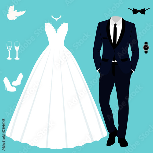 Wedding card with the clothes of the bride and groom.