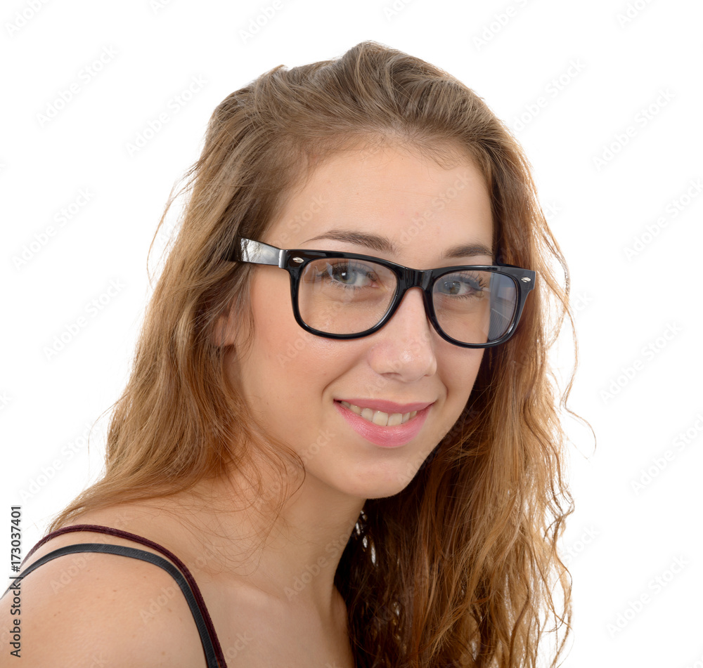 smiling young woman with black glasses