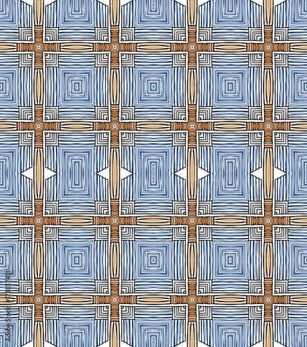 Seamless striped vector pattern. Vintage colored decorative repainting background with tribal and ethnic motifs. Abstract geometric roughly hatched shapes colored with hand drawn brush stokes.