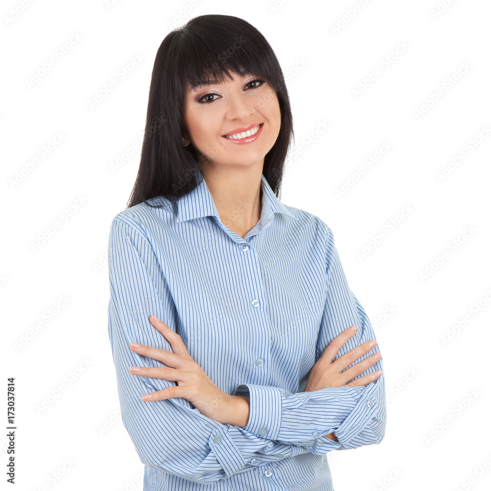 Young woman isolated on the white background. Crossed arms . Portrait of a smiling business woman. Young woman isolated on the white background. Crossed arms . Portrait of a smiling business woman.