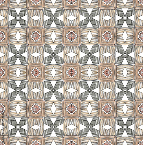 Seamless striped vector pattern. Vintage colored decorative repainting background with tribal and ethnic motifs. Abstract geometric roughly hatched shapes colored with hand drawn brush stokes.