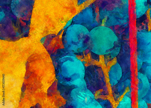 Fototapeta Jesieni soczyści błękitni winogrona. Żółte liście winogron. Malowane na płótnie kompozycje z akwarelą i olejami. Dobra na wydrukowane zdjęcie, pocztówkę, plakaty i tapety. Może być użyty jako kolorowa tekstura artystyczna.