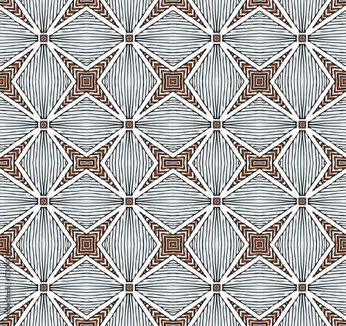 Seamless striped vector pattern. Vintage colored decorative repainting background with tribal and ethnic motifs. Abstract geometric roughly hatched shapes colored with hand drawn brush stokes.