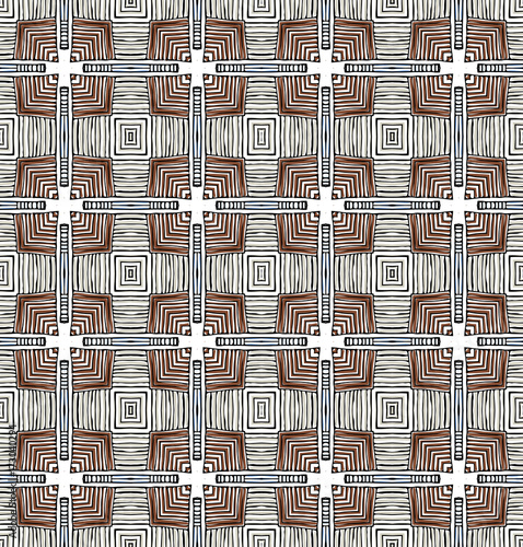 Seamless striped vector pattern. Vintage colored decorative repainting background with tribal and ethnic motifs. Abstract geometric roughly hatched shapes colored with hand drawn brush stokes.