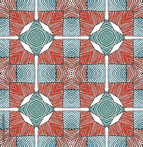 Seamless striped vector pattern. Vintage colored decorative repainting background with tribal and ethnic motifs. Abstract geometric roughly hatched shapes colored with hand drawn brush stokes.
