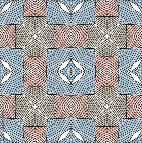 Seamless striped vector pattern. Vintage colored decorative repainting background with tribal and ethnic motifs. Abstract geometric roughly hatched shapes colored with hand drawn brush stokes.