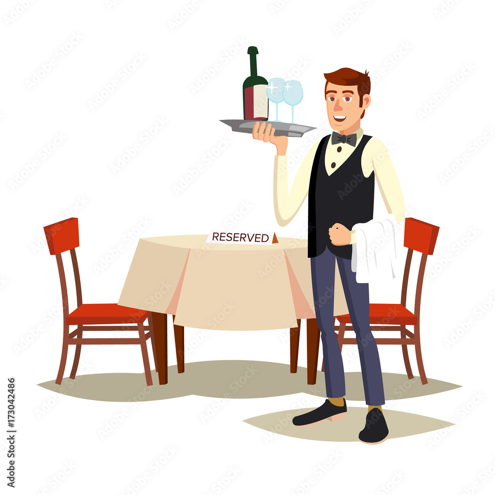 Waiter In Cafe Vector. Professional Waiter. Dinner Date. Food, Drink  Concept. Isolated On White Cartoon Character Illustration Stock Vector |  Adobe Stock