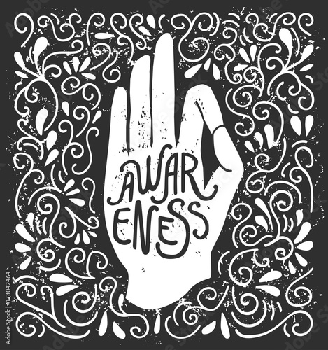 Awareness. Vector illustration with white hand silhouette in pose Jnana or Chin mudra and lettering on black background with swirls. Yoga and meditation print, poster, flyer and card design.