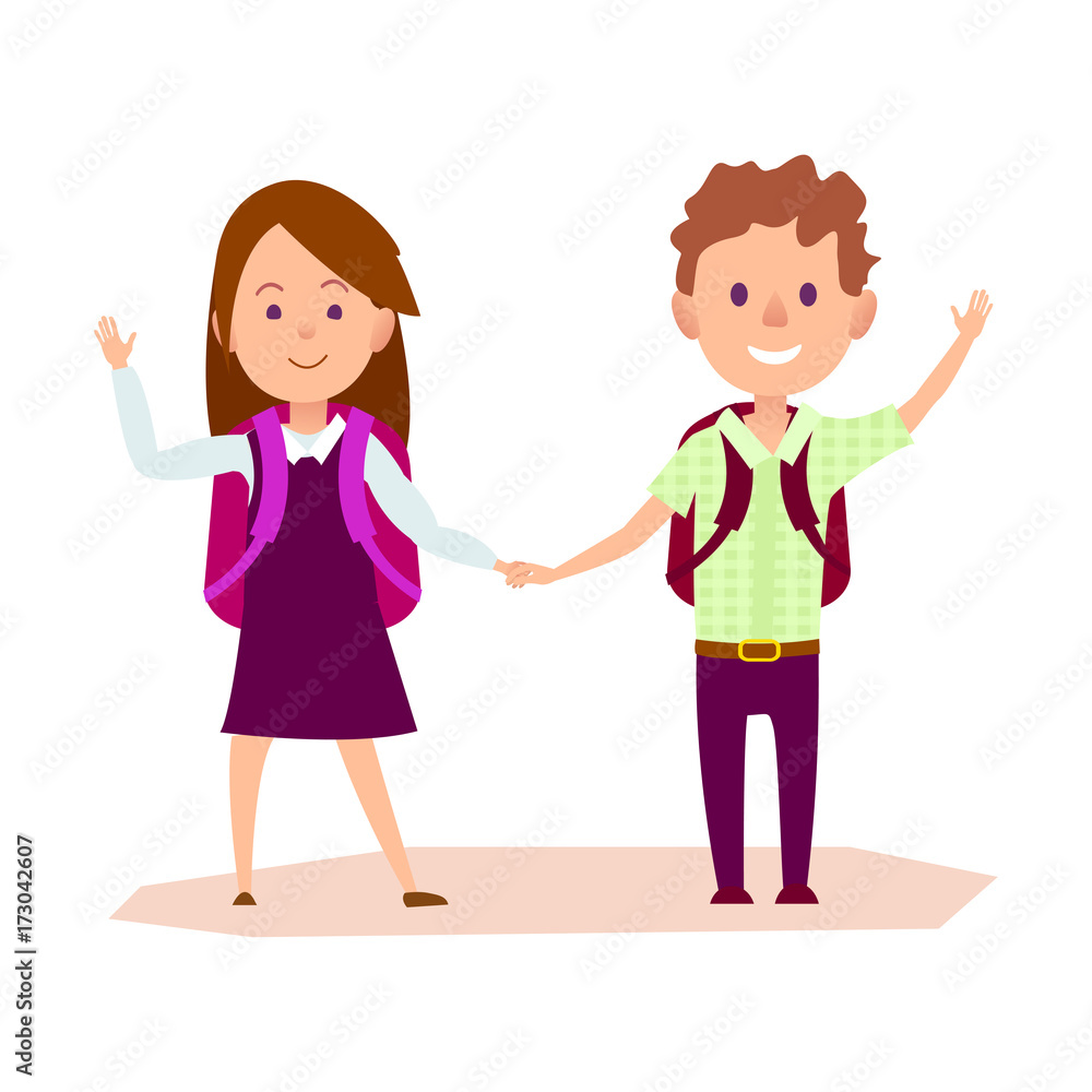 Schoolgirl and Schoolboy Stands and Waves Hand Schoolgirl and Schoolboy Stands and Waves Hand