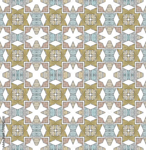 Seamless striped vector pattern. Vintage colored decorative repainting background with tribal and ethnic motifs. Abstract geometric roughly hatched shapes colored with hand drawn brush stokes.