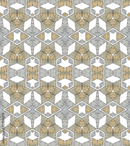 Seamless striped vector pattern. Vintage colored decorative repainting background with tribal and ethnic motifs. Abstract geometric roughly hatched shapes colored with hand drawn brush stokes.