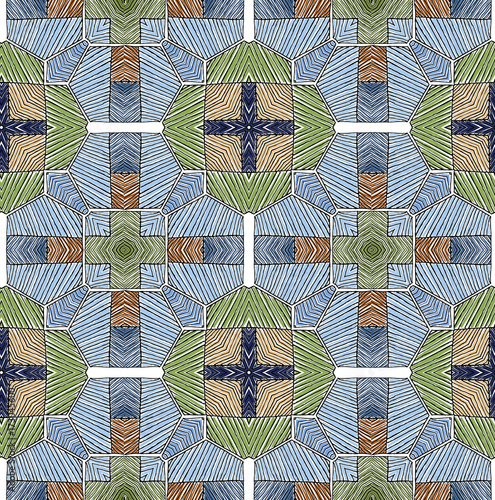 Seamless striped vector pattern. Vintage colored decorative repainting background with tribal and ethnic motifs. Abstract geometric roughly hatched shapes colored with hand drawn brush stokes.