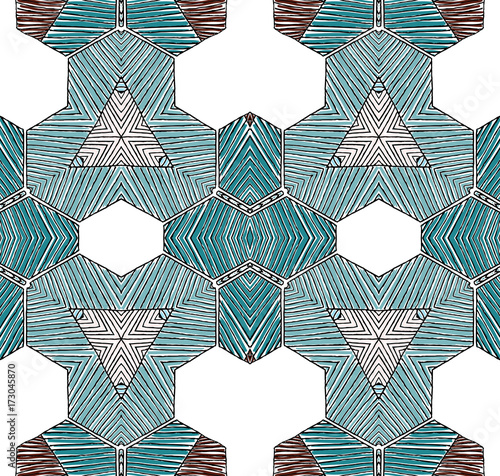 Seamless striped vector pattern. Vintage colored decorative repainting background with tribal and ethnic motifs. Abstract geometric roughly hatched shapes colored with hand drawn brush stokes.