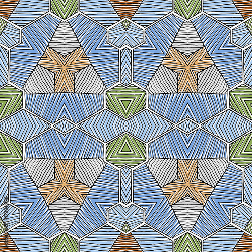 Seamless striped vector pattern. Vintage colored decorative repainting background with tribal and ethnic motifs. Abstract geometric roughly hatched shapes colored with hand drawn brush stokes.