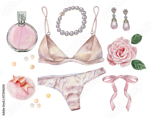 Set of watercolor illustrations of glamorous women's stuff. Hand drawn fashion accessories: lingerie, perfume, puff, pearl  bracelet and earrings, ribbon, rose flower. In pastel shades