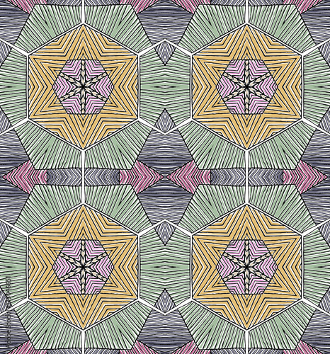 Seamless striped vector pattern. Vintage colored decorative repainting background with tribal and ethnic motifs. Abstract geometric roughly hatched shapes colored with hand drawn brush stokes.