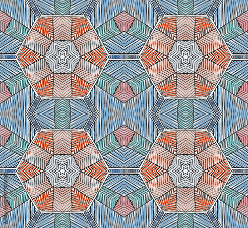Seamless striped vector pattern. Vintage colored decorative repainting background with tribal and ethnic motifs. Abstract geometric roughly hatched shapes colored with hand drawn brush stokes.