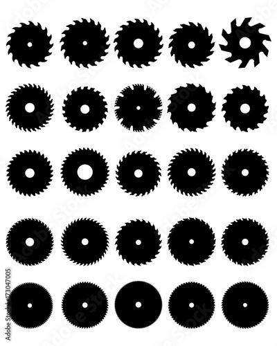 Black silhouettes of different circular saw blades, vector