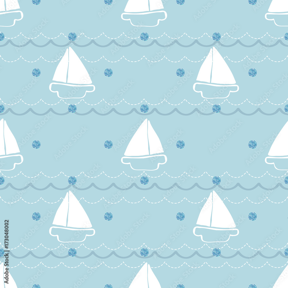seamless hand drawn yatch and wave with blue dot glitter pattern on blue background