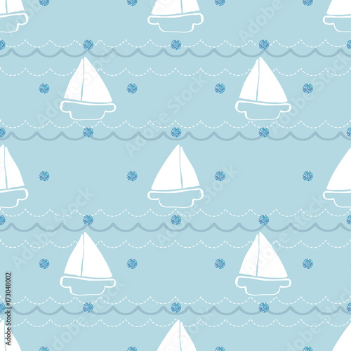 Obraz na płótnie seamless hand drawn yatch and wave with blue dot glitter pattern on blue background w salonie