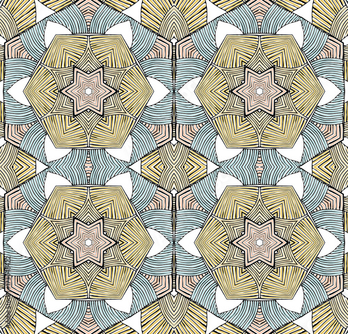 Seamless striped vector pattern. Vintage colored decorative repainting background with tribal and ethnic motifs. Abstract geometric roughly hatched shapes colored with hand drawn brush stokes.