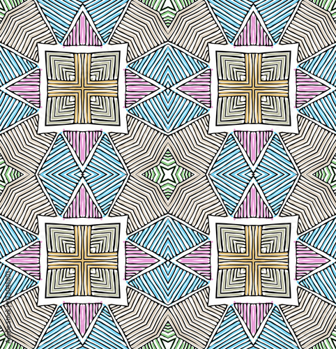 Seamless striped vector pattern. Vintage colored decorative repainting background with tribal and ethnic motifs. Abstract geometric roughly hatched shapes colored with hand drawn brush stokes.
