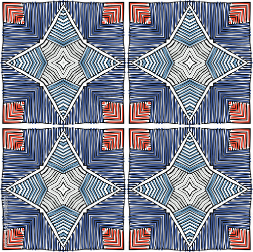 Seamless striped vector pattern. Vintage colored decorative repainting background with tribal and ethnic motifs. Abstract geometric roughly hatched shapes colored with hand drawn brush stokes.