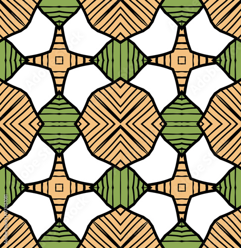 Seamless striped vector pattern. Vintage colored decorative repainting background with tribal and ethnic motifs. Abstract geometric roughly hatched shapes colored with hand drawn brush stokes.