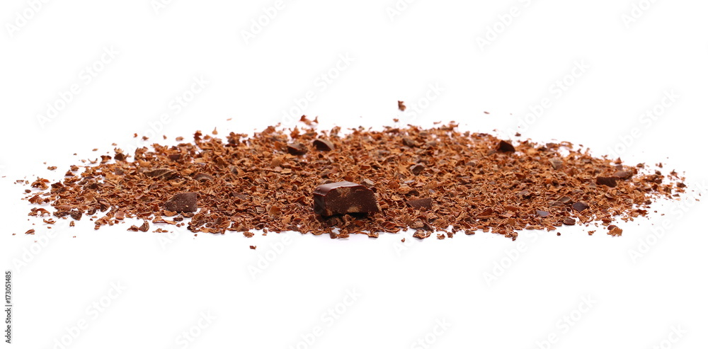 Pile chopped, milled chocolate shavings isolated on white Pile chopped, milled chocolate shavings isolated on white