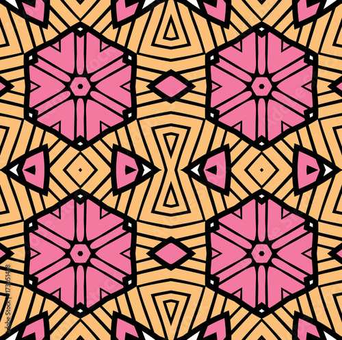 Seamless striped vector pattern. Vintage colored decorative repainting background with tribal and ethnic motifs. Abstract geometric roughly hatched shapes colored with hand drawn brush stokes.