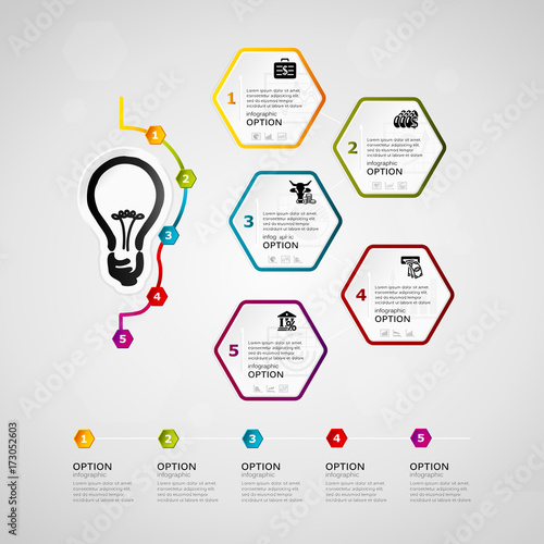 Idea timeline infographics design with financial icons. Five steps or options concept. 