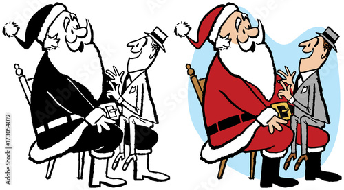 A man sits on Santa's lap and tells him what he wants for Christmas