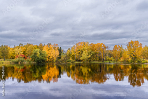 The lake, reflecting the cloudy sky and autumnal foliage trees © Dobrydnev