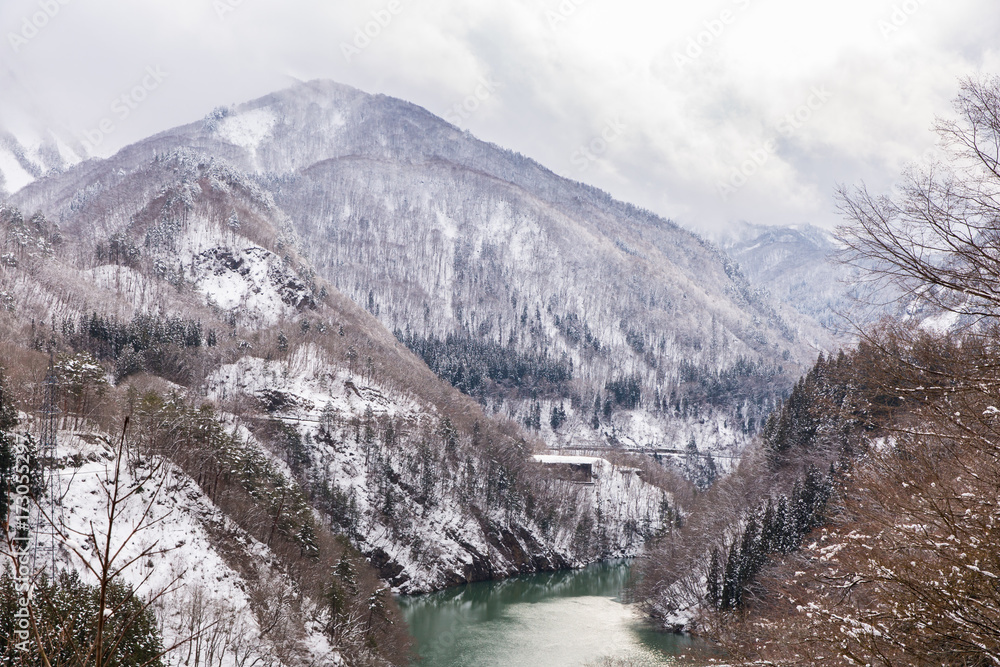 Train in Winter landscape snow on bridge panorama