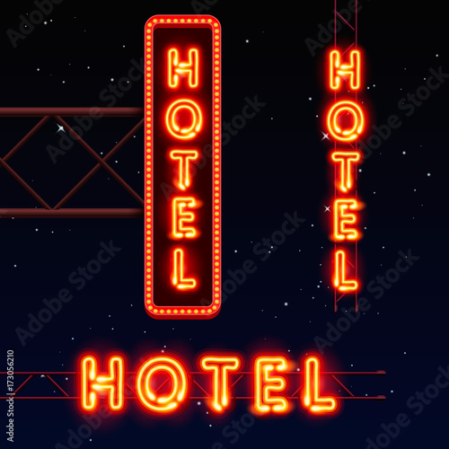 Neon city banner hotel, set vertically horizontally text, Vector illustration