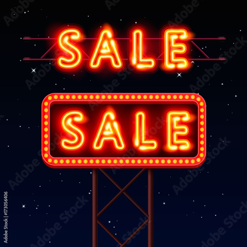 Sale neon signboard banner on the red background. Vector illustration