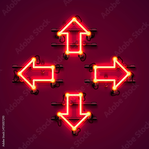 Neon arrow up, down, left and right on the red background. Vector illustration