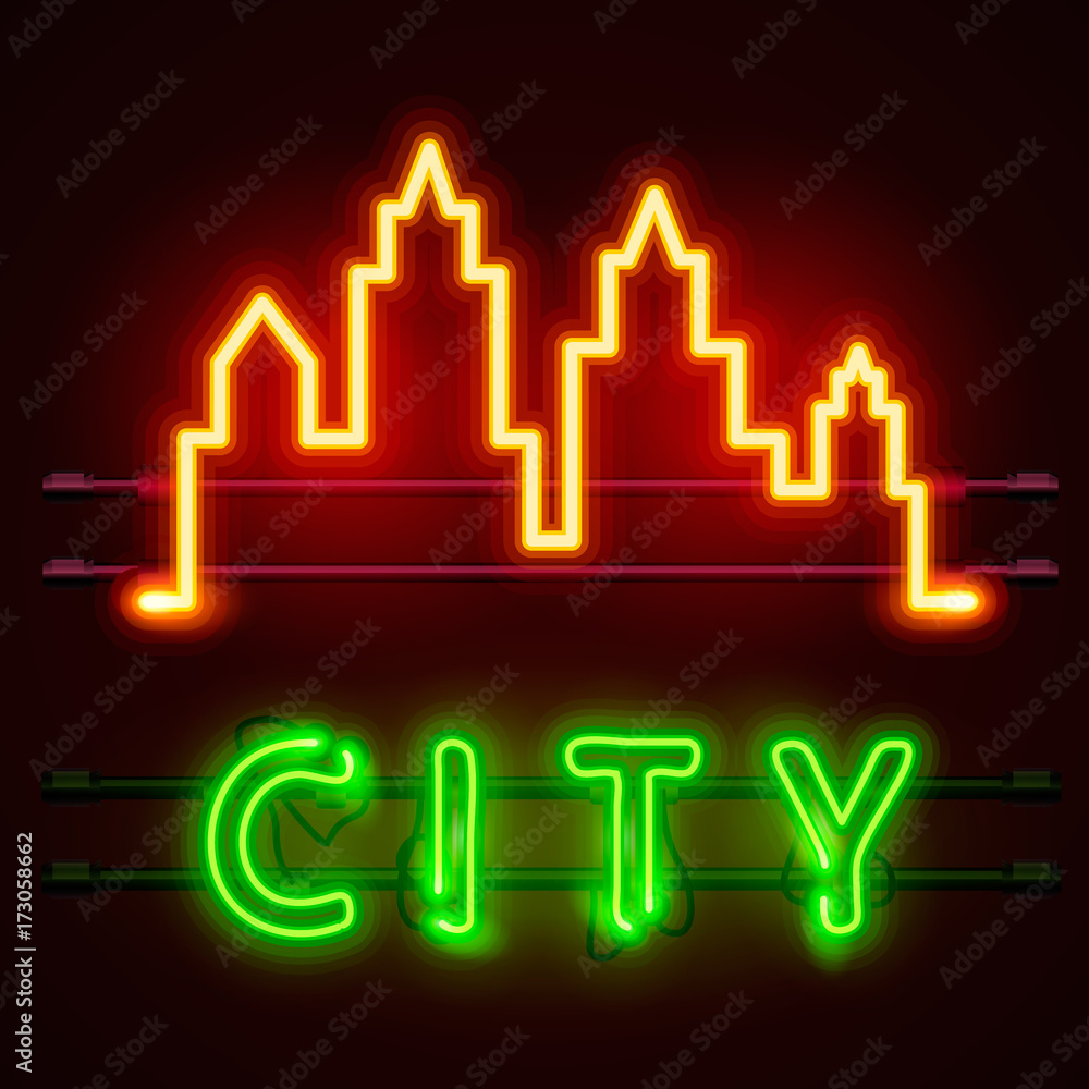 Neon city text banner, City shape. Vector illustration