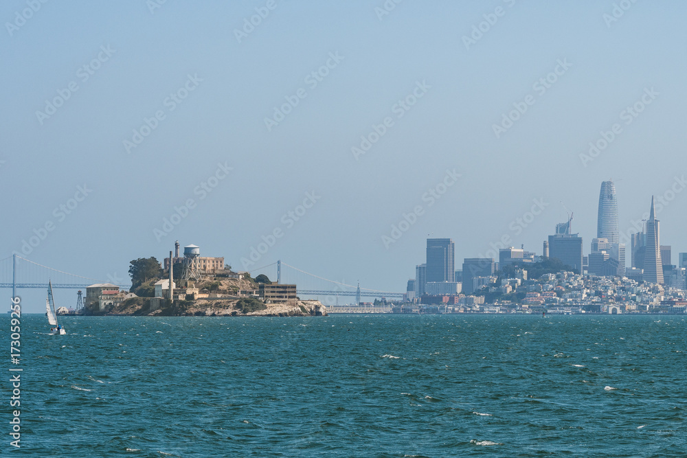 alcatraz island and san francisco skyline at background