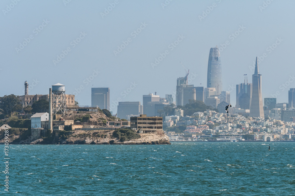 alcatraz island and san francisco skyline at background