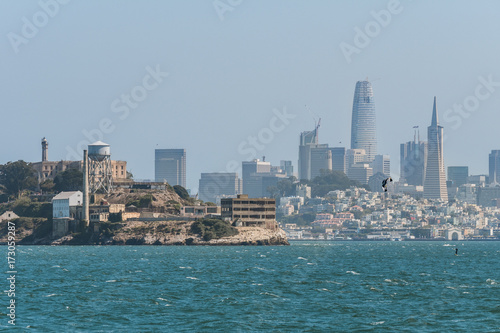 alcatraz island and san francisco skyline at background