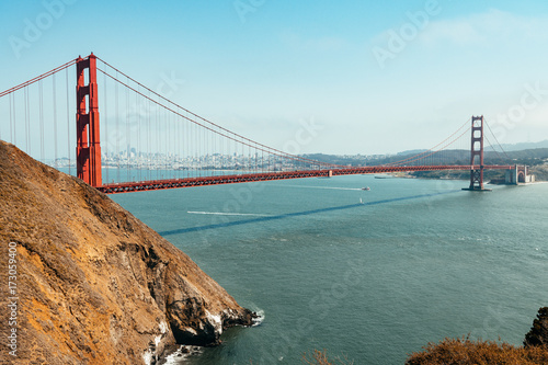 panoramic view of golden gate bridge with san francisco at background