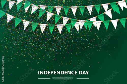 Vector realistic isolated poster for 1st October Nigeria Independence Day with party flags and confetti on the green background.
