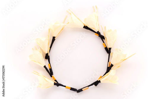 Fototapeta Naklejka Na Ścianę i Meble -  Kind of wood flower arranged round shape isolated on white background; to be placed on the site of cremation in Thailand. (Dok Mai Jan)