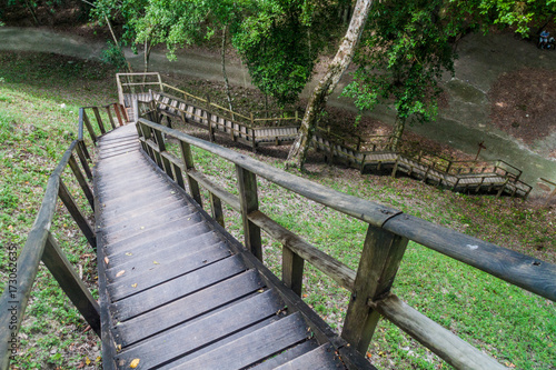 Stairs leading the the ruins covered by the thick jungle at the archaeological site Yaxha, Guatemala