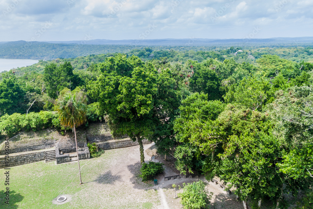 Aerial view of the archaeological site Yaxha, Guatemala