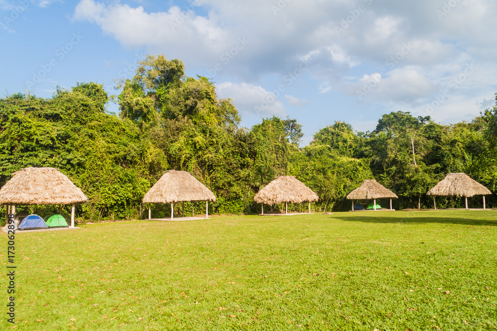 Huts in the camping place near Tikal ruins, Guatemala